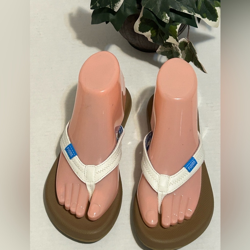 Flojos White and Brown Flip Flops with Blue Accent - Picture 1 of 7
